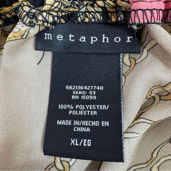Metaphor Equestrian Print Chiffon Smocked Neck Blouse Black Pink XL - Picture 10 of 12